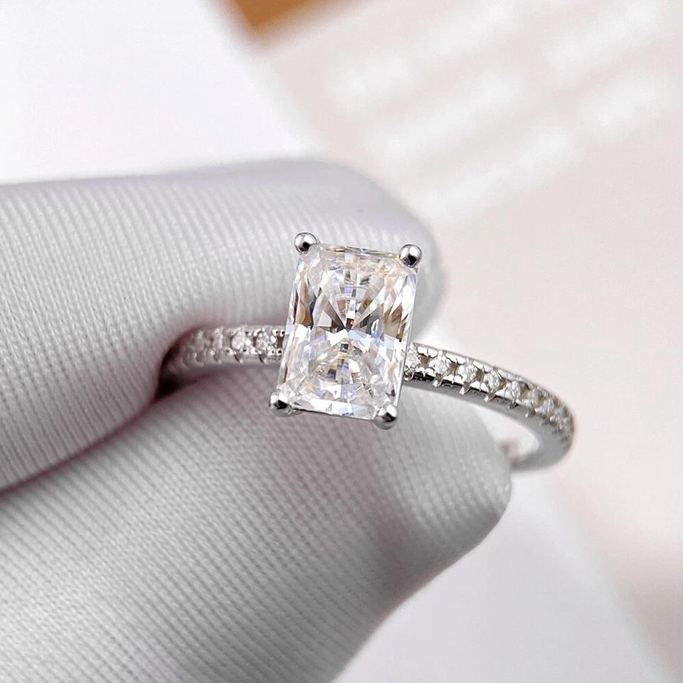 1-4CT Radiant Cut Moissanite Eternity Engagement Ring 925 Sterling Silver W/GRA - Image 3 of 4