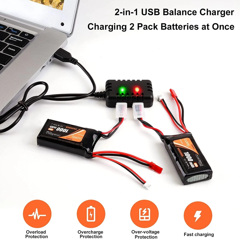 2x 7,4V 1000mAh Lipo Akku SCX24 Batterie mit PH2.0&JST Stecker 35C USB Ladegerät - Bild 3 von 4