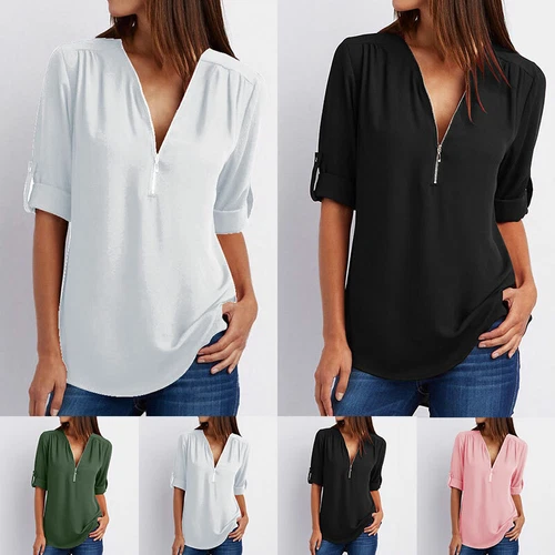 Women V-Neck Zipper T Shirt Loose Casual Blouse Long Sleeve Summer Top Plus Size - Picture 6 of 21