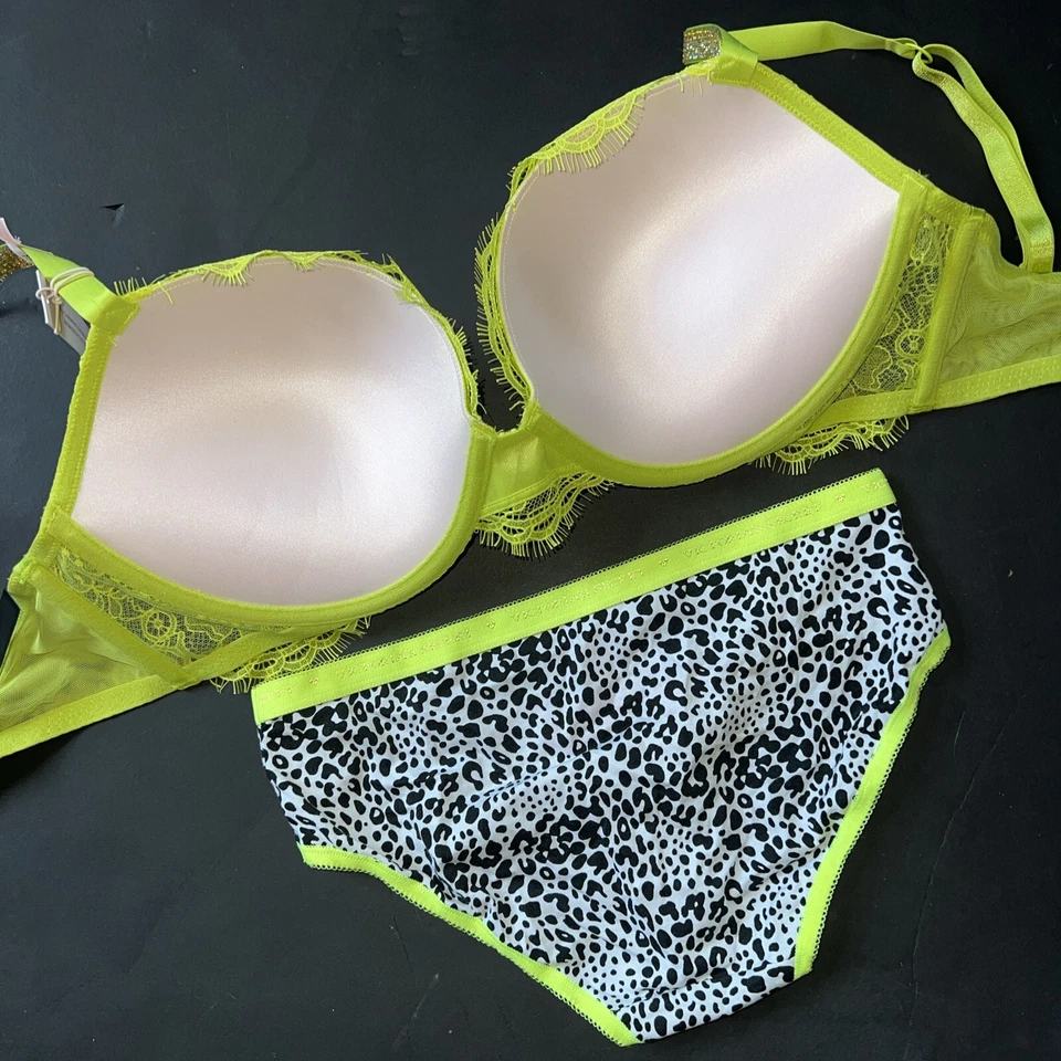 Victoria's Secret 32DDD SUJETADOR CONJUNTO PANTY AMARILLO NEÓN verde PRESIÓN ANIMAL BRILLO CORREA Foto 4 de 4