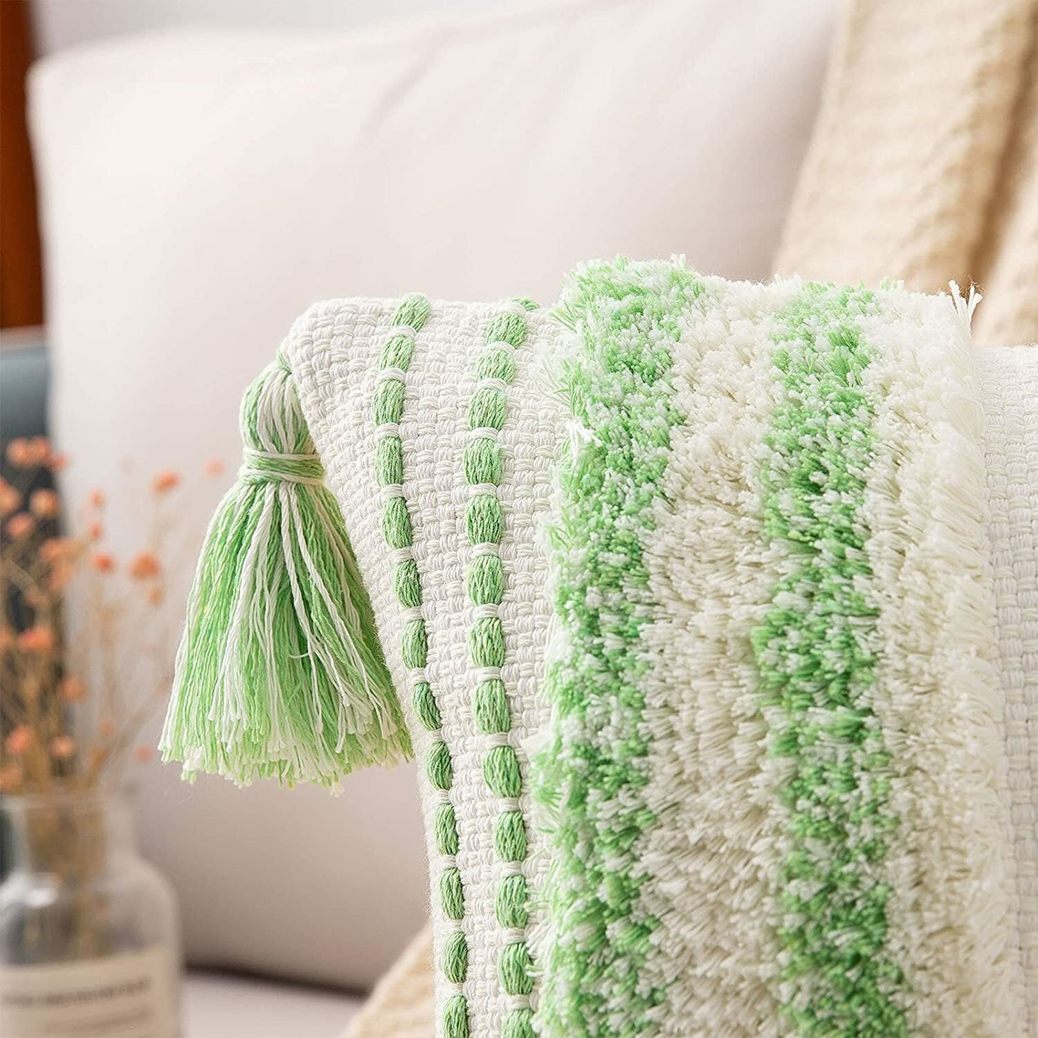 Boho Apple Green Cushion Covers 50x50cm Set of 2, Decorative Tufted