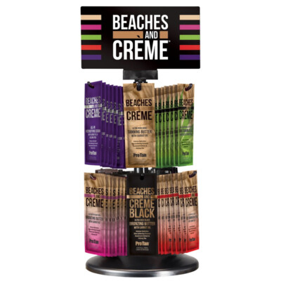 PRO TAN Strände & Creme Sonnenbank Bräunungslotion rotierendes Display Angebot 72 Beutel