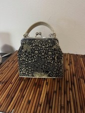 Vintage Black Gold Brocade Kiss Lock Evening ...