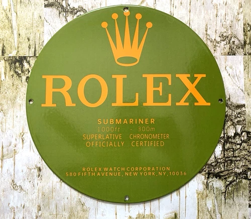 VINTAGE 12" ROLEX SUBMARINER GASOLINE GAS PUMP STATION MOTOR OIL PORCELAIN SIGN