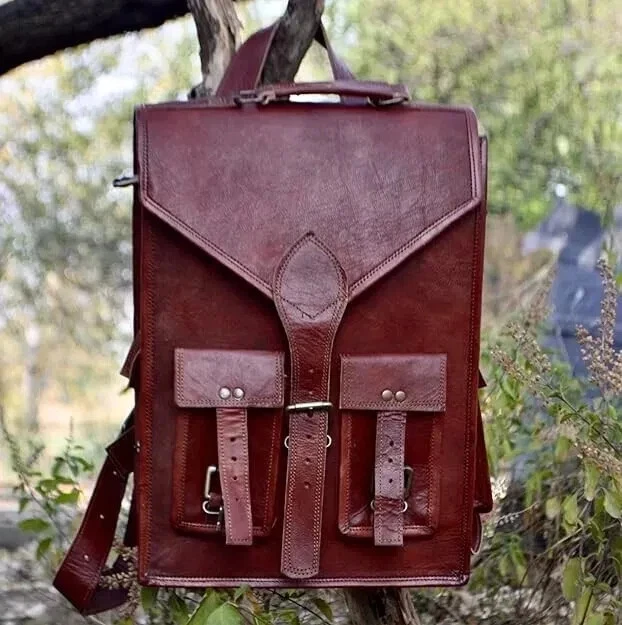 Leather Goat Backpack Bag Rucksack Vintage Genuine Travel Men's New Brown Laptop