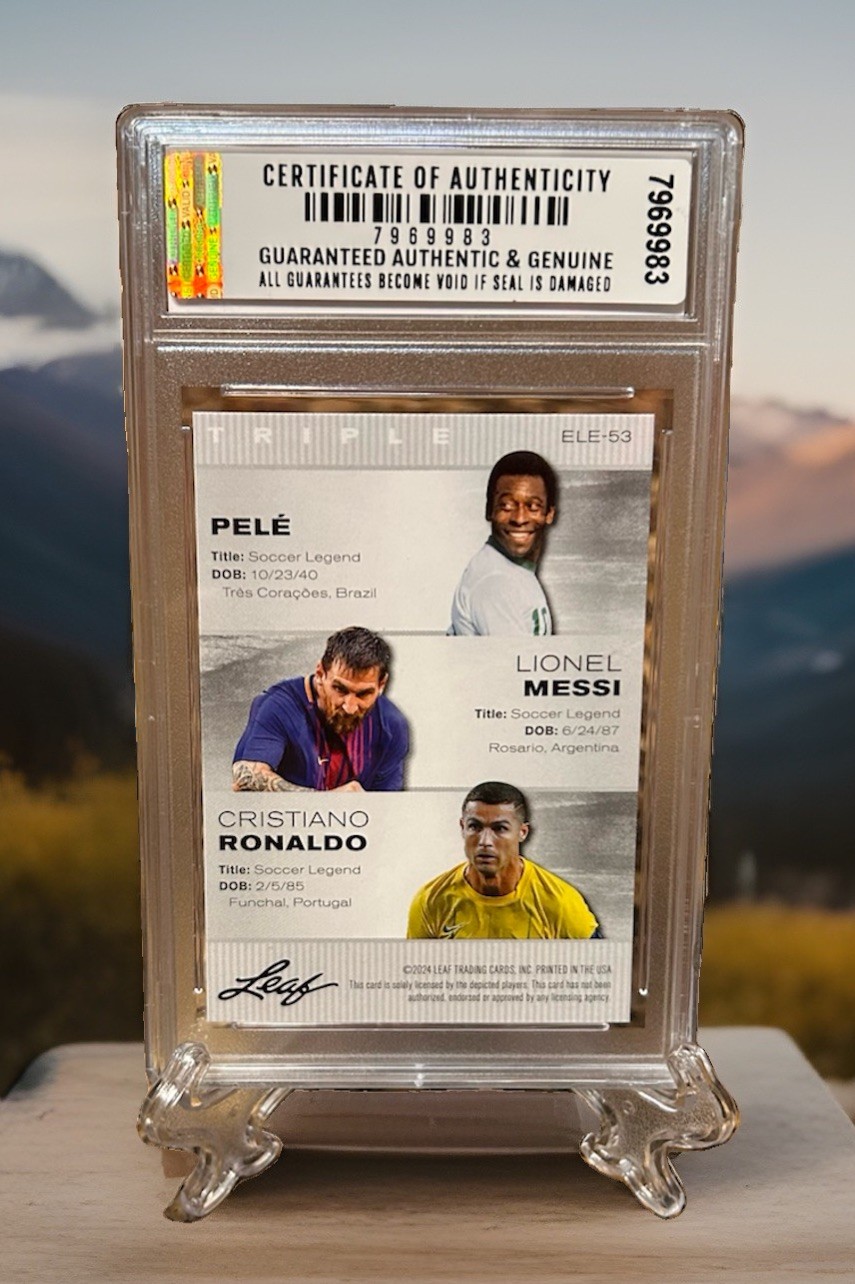 GRADED GEM-MT 10 PELE/Lionel MESSI/RONALDO 2024 LEAF Triple LEGENDS #ELE-53