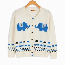L’Eau Vive Vintage Elephant Cardigan Sweater Small Cream Blue Ramie Cotton HK