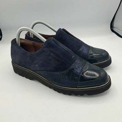 Donald J Pliner Cloud Oxfords Loafers Sz 8.5 Navy Suede Patent Cap Toe Slip Ons