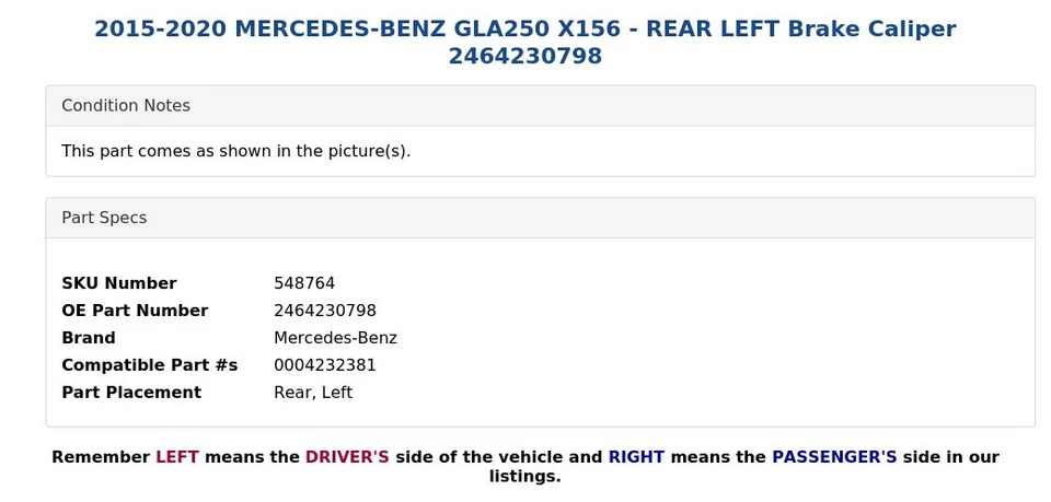 MERCEDES-BENZ GLA250 X156 2015-2020 - Pinza de freno trasera izquierda 2464230798 Foto 4 de 4