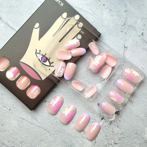 24 Stück French Tip Press on Nails Kurz Mandel Kunstnägel Bunt Blume - Bild 4 von 7
