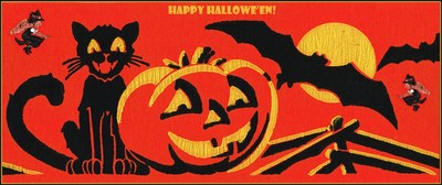 HALLOWEEN BLACK CAT BATS  CREPE PAPER-LOOK VINTAGE REPRODUCTION POSTER 8'' x 20''