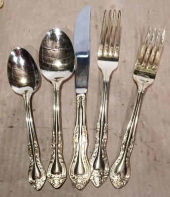 Queen s Fancy Lyon Stainless USA Dinner Fork International Gold 5pc Place Settin