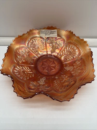 RARE Vintage Fenton Carnival Glass Peacock & Grape 8.75" Ruffled Bowl Footed NR