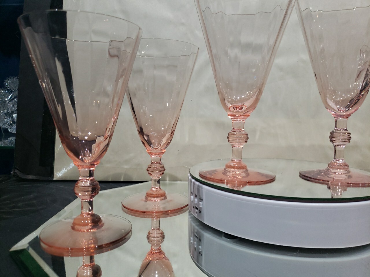 (6) Water Goblets glasses 6-5/8",  Fry co. Fry17-6 Pink Optic wafer stem 17