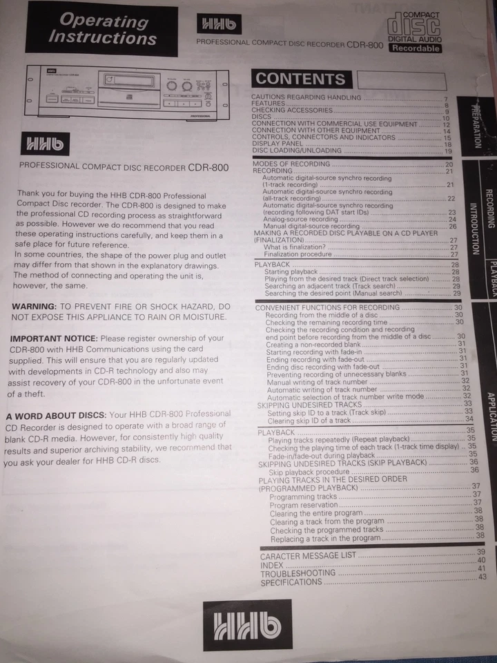 HHB CDR 800 CD PLAYER/RECORDER OPERATING MANUAL (COPY) - Image 2 of 2