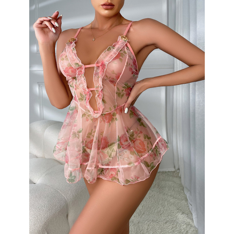 Women's Sexy Lace Lingerie Babydoll Teddy V Neck See-through Dress Set Sleepwear