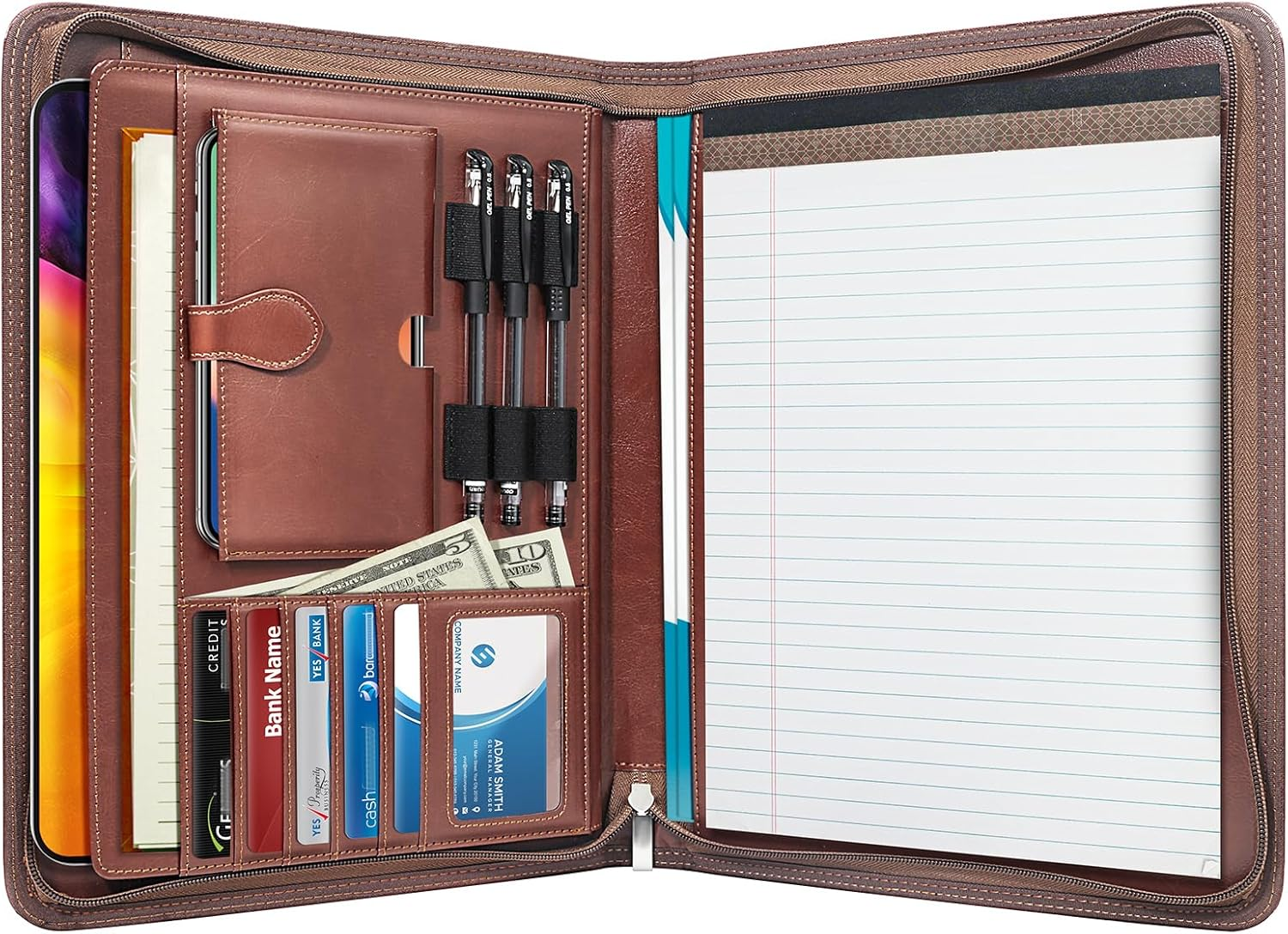 Zippered Portfolio Organizer, Leather Padfolio, Business Portfolio with Elastic
