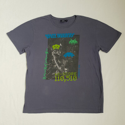Official Taito Space Invaders T-Shirt Size L Gamer Crew Neck Cotton Grey