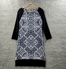 Jacqui E Womens Bodycon Dress Size S Black White Blue Paisley Stretch Knit