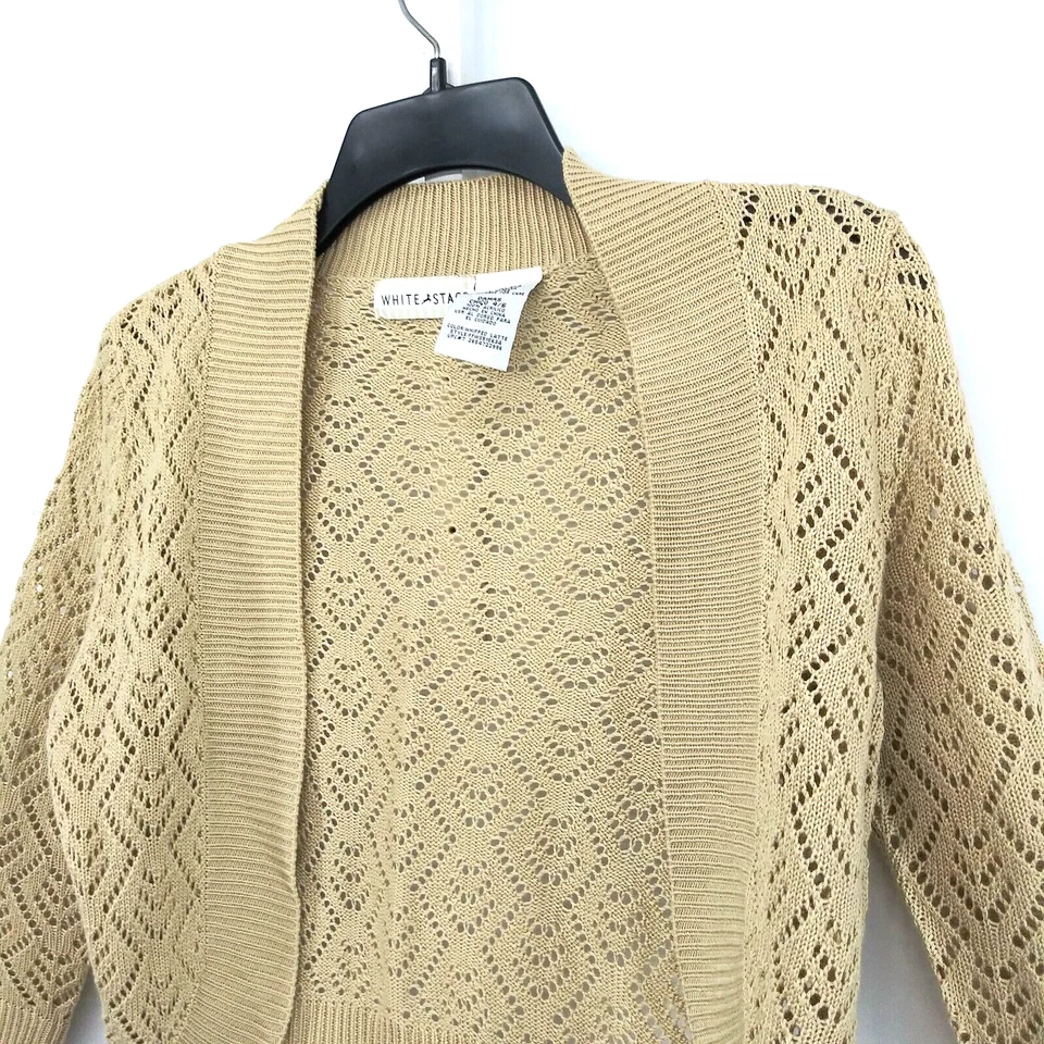 Cárdigan blanco ciervo encogido de hombros para mujer talla pequeña marrón ganchillo frente abierto top Foto 2 de 4