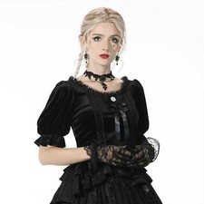 DARK IN LOVE Gothic Top Samt-Bluse Schwarz Stretch Romantisch Victorian Velvet