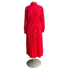 Vintage CARLISLE Silk Skirt Set Outfit Red Gold Metallic Polka Dot Pleat Sz 8 10