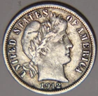 1912 D Barber Dime 10C Cents Coin Silver, VF+!