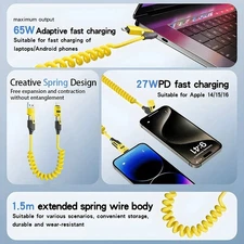 4-in-1 65W Telescopic Spring Cable USB-C to Type-C Fast Charger for iPhone