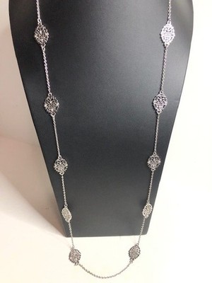B1146 ANN TAYLOR Long Filigree Station Necklace Silver Tone Rhinestone 34''
