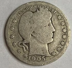 1905 - Barber Silver Quarter 25c - VG Exact Coin Imaged #BAR150
