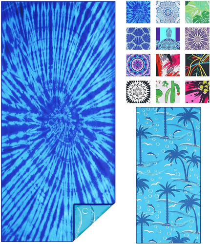 Microfiber Thin Beach Towel Lightweight 71 x 32 Inches, Blue Tie Dye