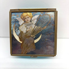 Vintage Via Vermont stained glass trinket jewelry box hinged Cherub with harp