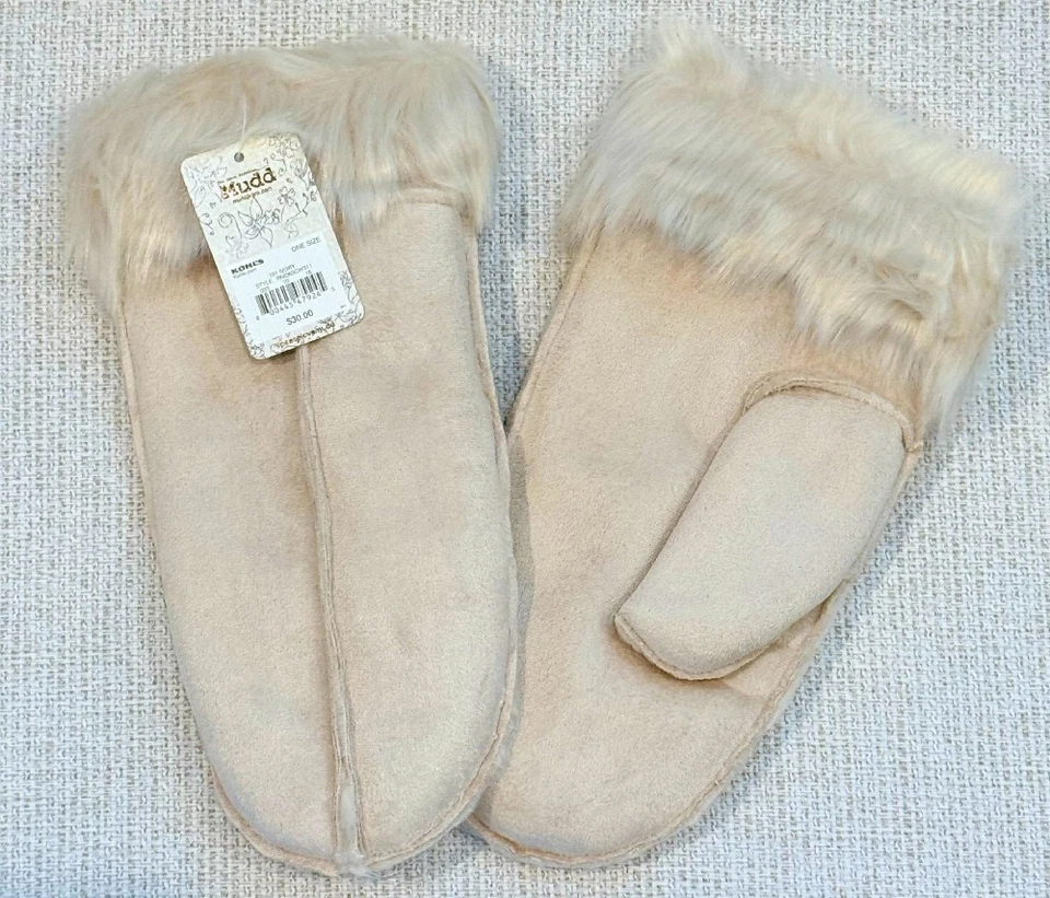 Mitones de forro de piel sintética de gamuza sintética Mudd®, marfil, talla única, nuevos con etiquetas Foto 2 de 2