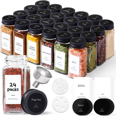 24 Pack Glass Spice Jars 4 oz with Labels, Shaker Lids & Funnel