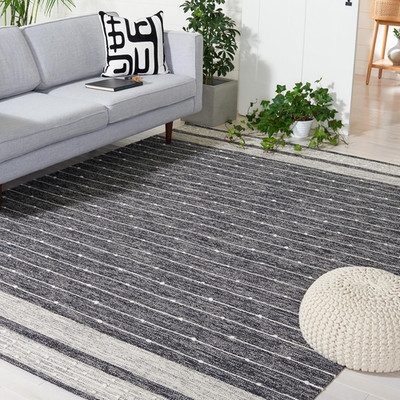 8' x 10' Black/Ivory Striped Handmade Cotton Area Rug