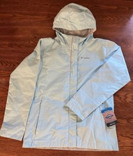 New Columbia Omni-Tech Timber Hooded Waterproof Rain Jacket Light Blue Jr s Lg