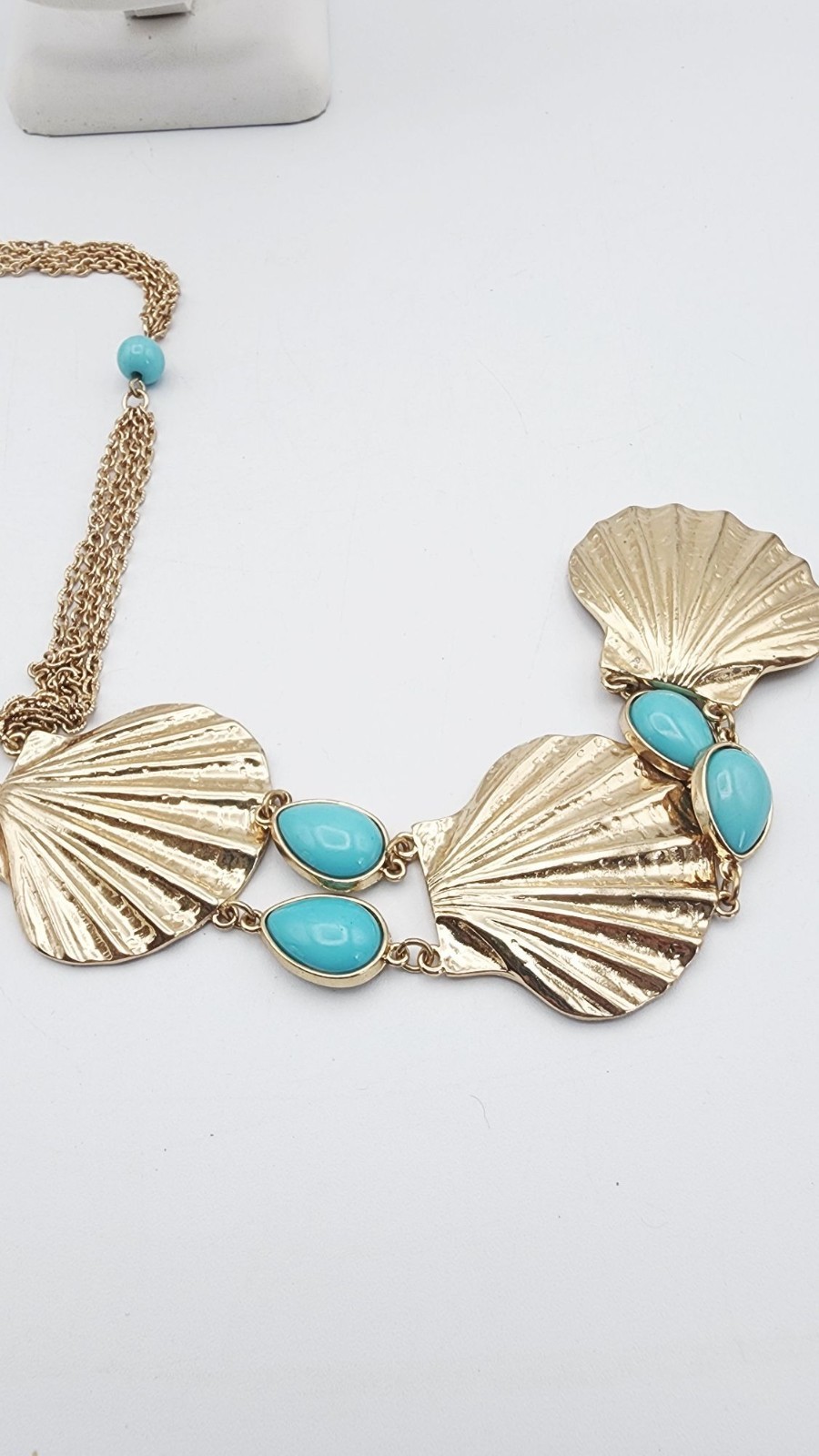 Gold tone dangle drop Shell multi chain beaded ne… - image 6