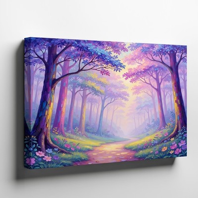 Vibrant Enchanted Forest Canvas Wall Art with Colorful Trees and Pathway Decor