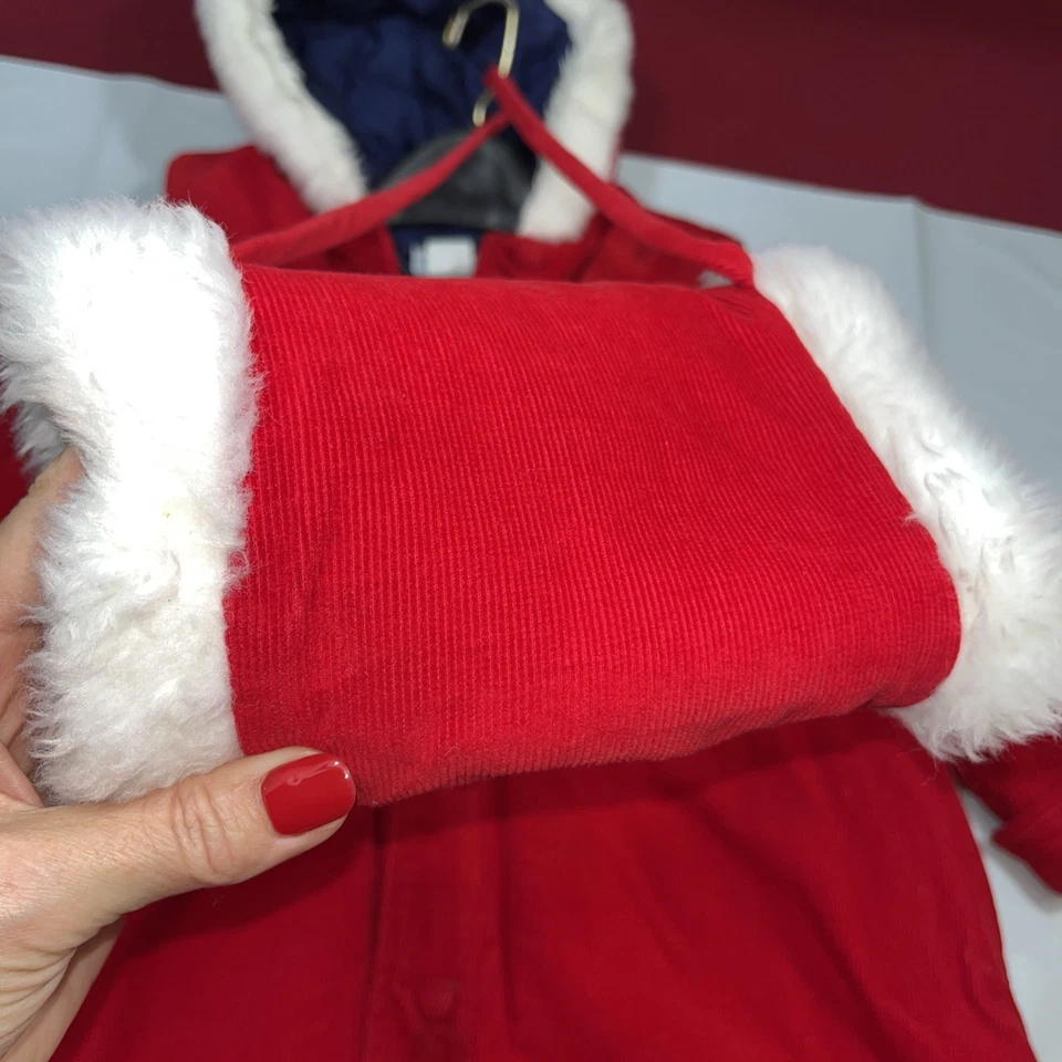 RED CORDUROY JACKET Quilted Victorian cape Pockets white Fur HOOD Hand Muff SET - Image 4 of 4