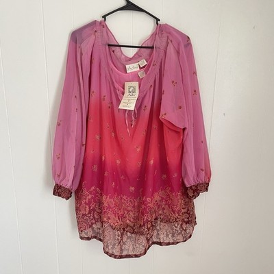 Adini 3X Boho Sheer Tunic Top Pink Ombre Floral Batik India Festival Hippie NWT