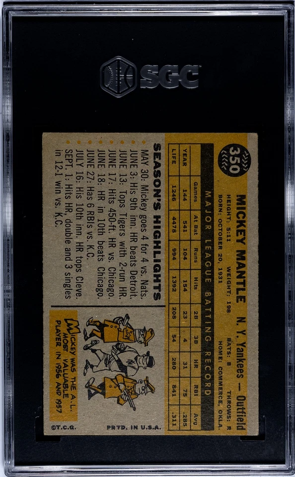 1960 Topps #350 Mickey Mantle SGC 4.5 ATRACTIVO VISUAL CENTRADO Foto 2 de 2
