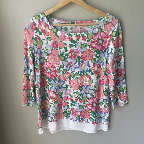 Talbots Floral Chiffon Hem Top Sweater Sz Small Petite 3/4 Sleeve Cotton Rayon