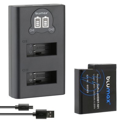 Akku + LCD Lader für GoPro Hero 2018  AHDBT-501  GoPro 5 / 6 / 7  1260mAh