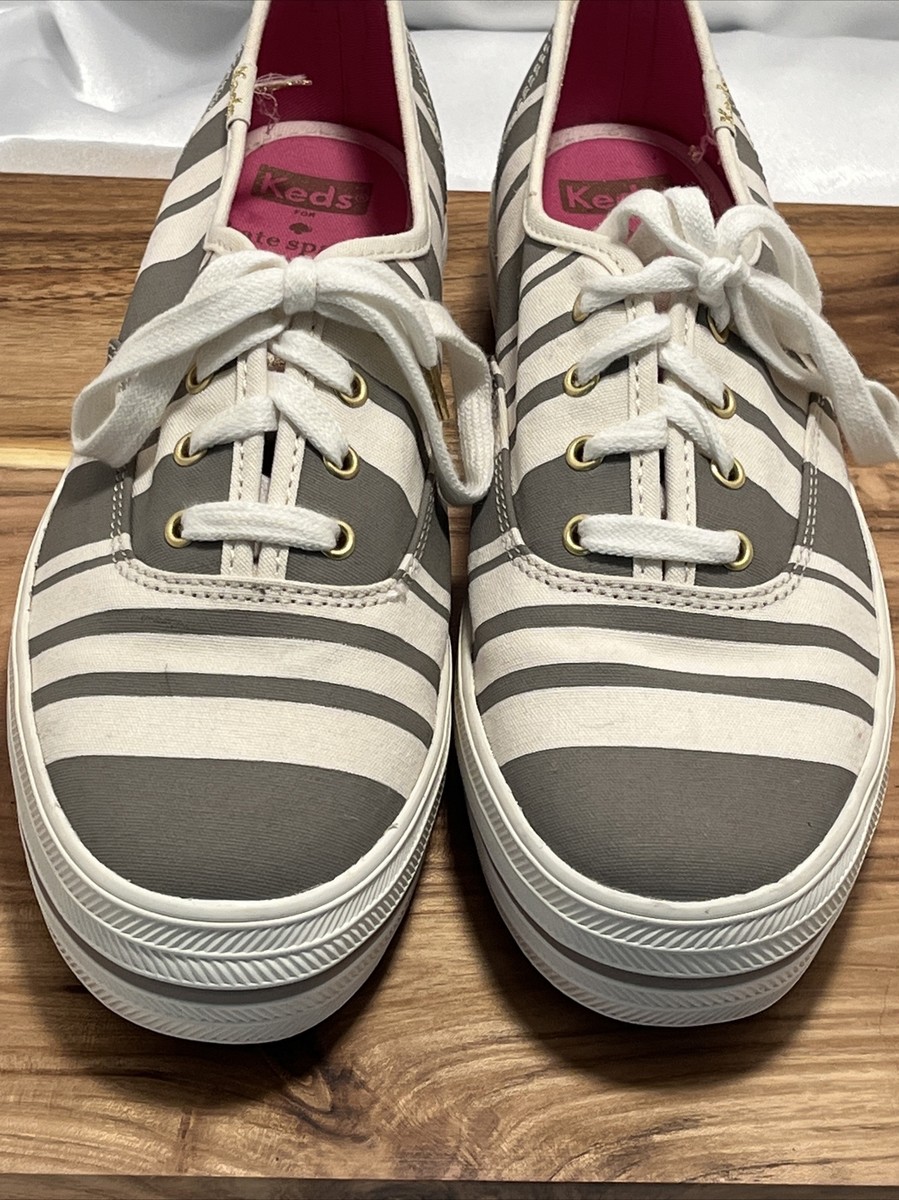 Keds Kate Spade White Gray Striped Platform Triple Decker Sz New
