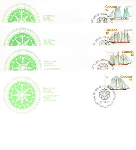 🍁Canada   #744-747     "SAILING VESSELS"     Four New  1977  First Day Covers