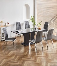 Dining Table Set Extending Grey Glass Grey High Gloss and 6 Faux Leather Chairs