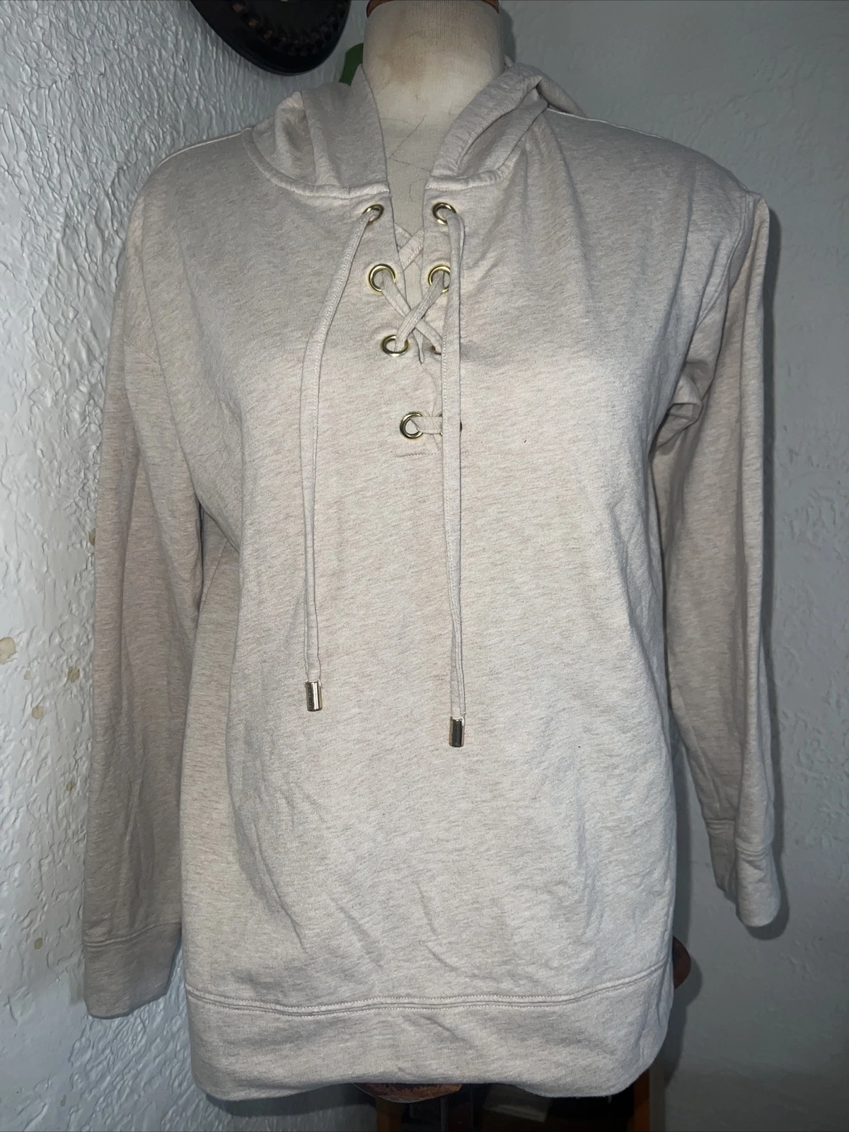 Felpa con cappuccio Michael Kors logo MK beige stringata donna taglia large