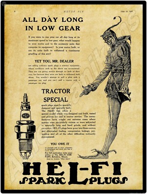 1920 Hel-Fi Spark Plugs New Metal Sign: Tractor Special - Devil Theme, Belvidere