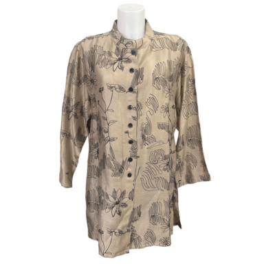 CHICOS Linen Blend Tan Embroidered Buttondown Shirt Jacket Mandarin Collar sz 3