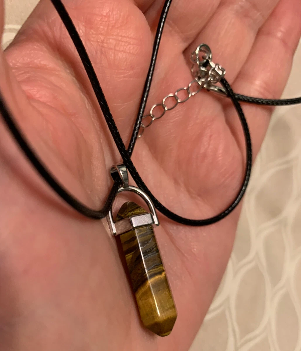 Modern Tigers Eye Pendant Brown Crystal Stone Black Leather 18